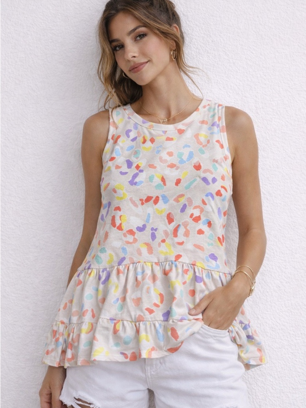 First Love by Lovelyn Women’s Peplum Tank Top Small Colorful‎ Leopard Print